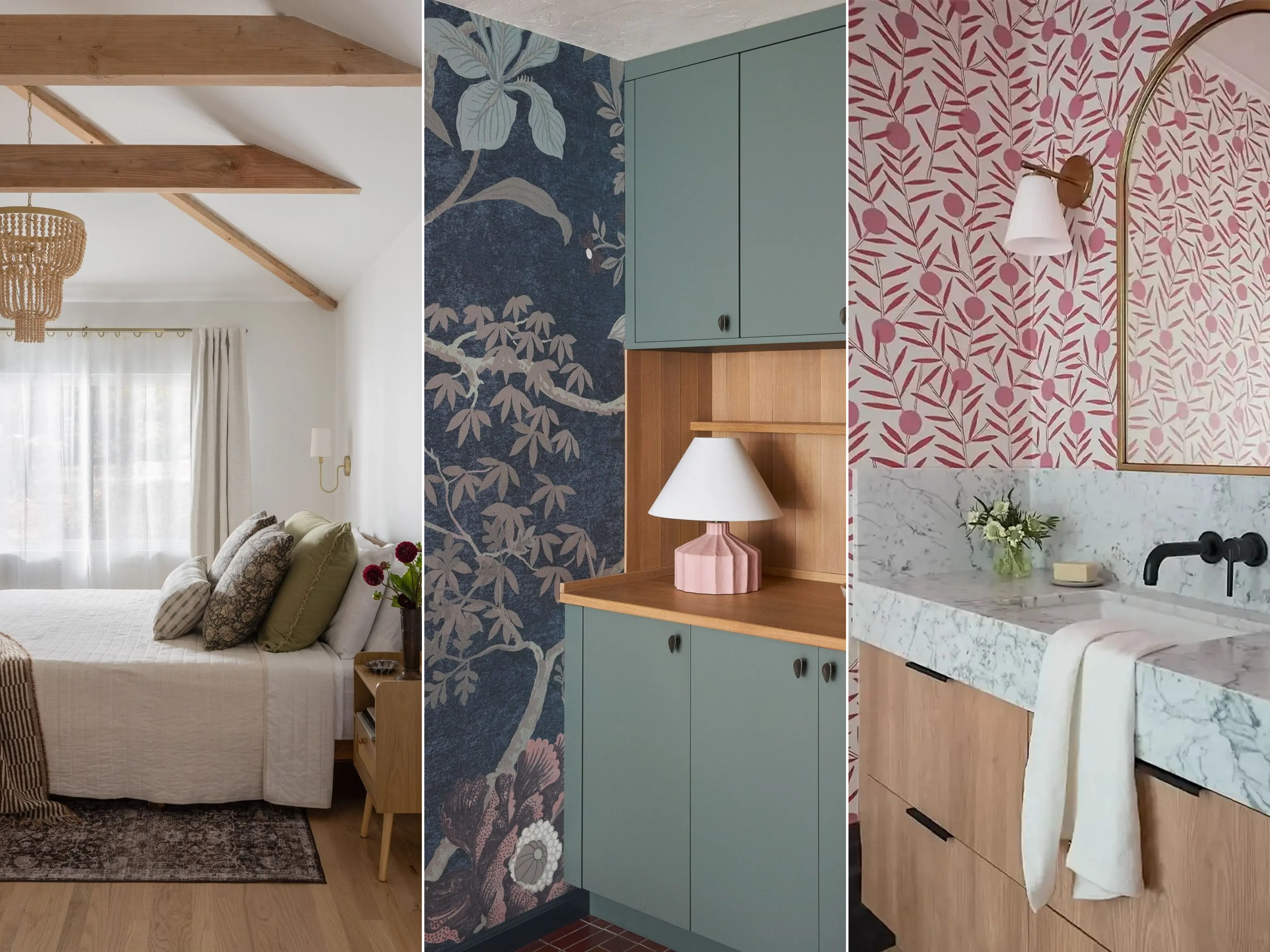 Three Studio VAE interiors: a beamed bedroom, a sage cabinet niche with botanical wallpaper, and a bathroom with pink patterned wallpaper