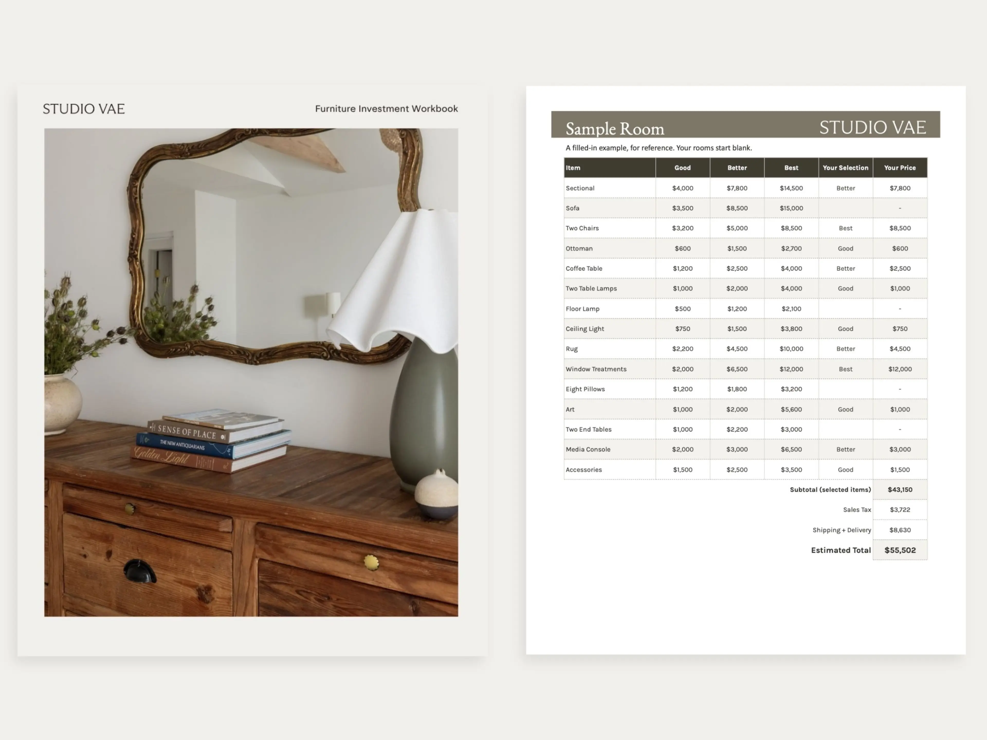 Studio VAE Furniture Investment Workbook pages: a styled dresser and wavy wood mirror beside a sample room budget page